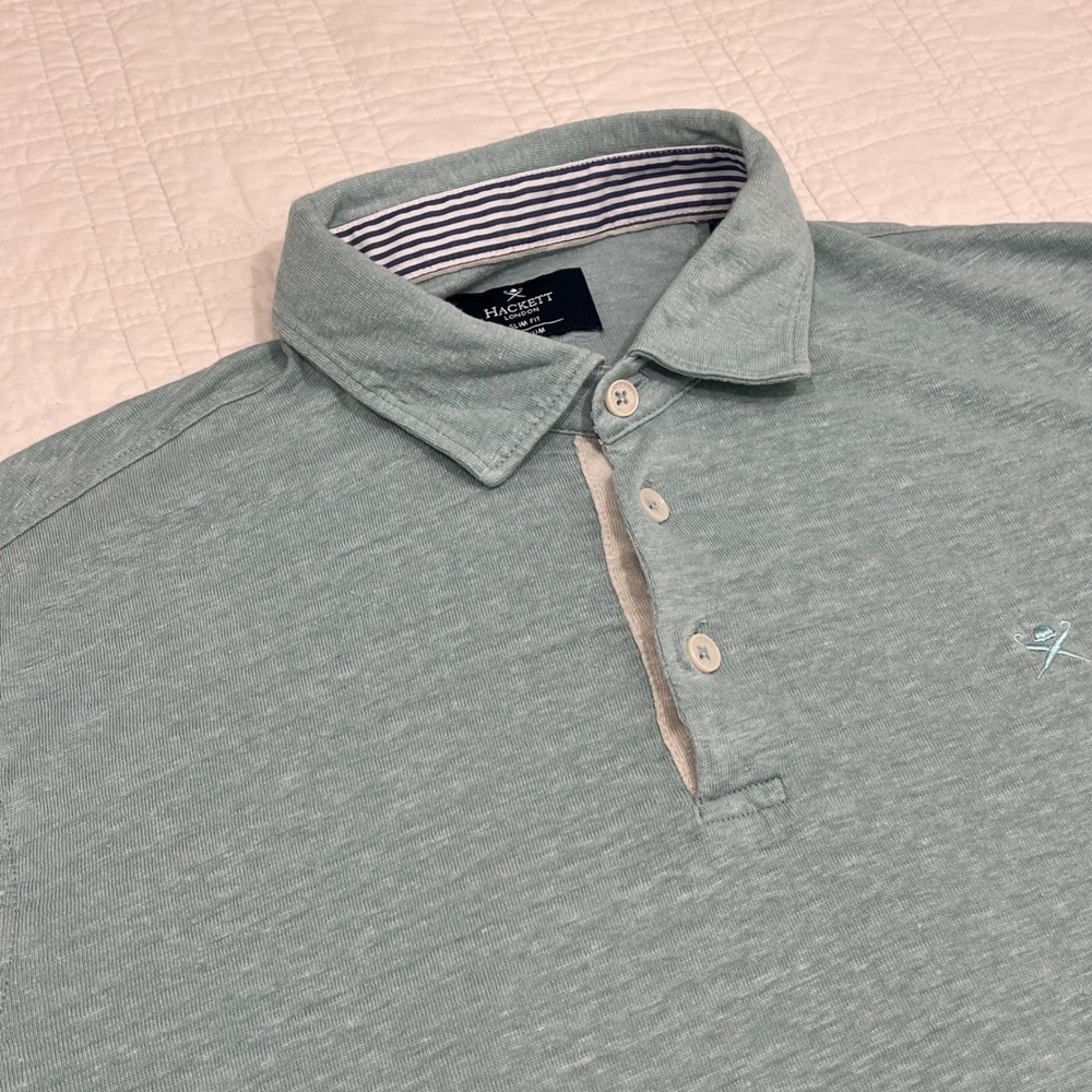 Hackett London Mens Slim Fit Polo Shirt Sage Green Slub Knit Logo Medium